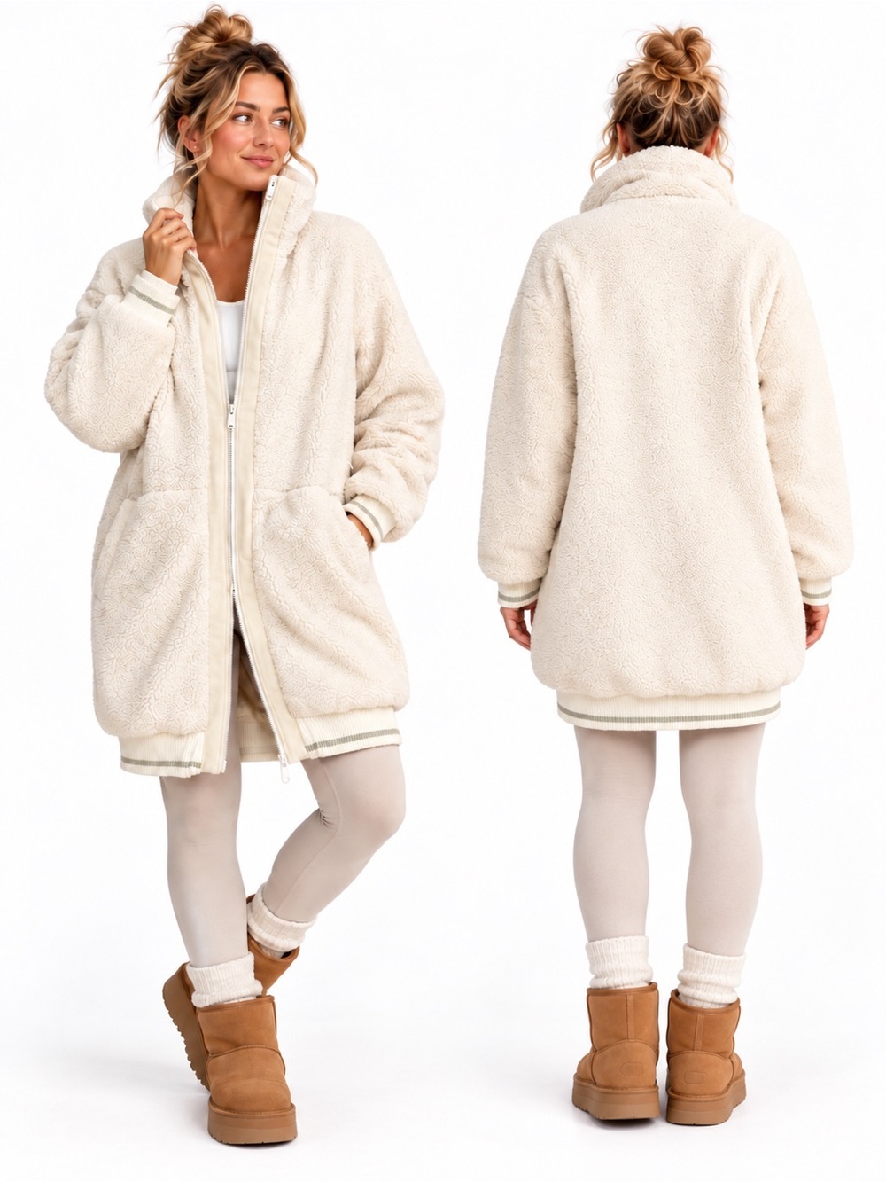 Athleta Tugga Coat Large Ivory Sherpa Longline Fleece Cozy Athleisure Jacket